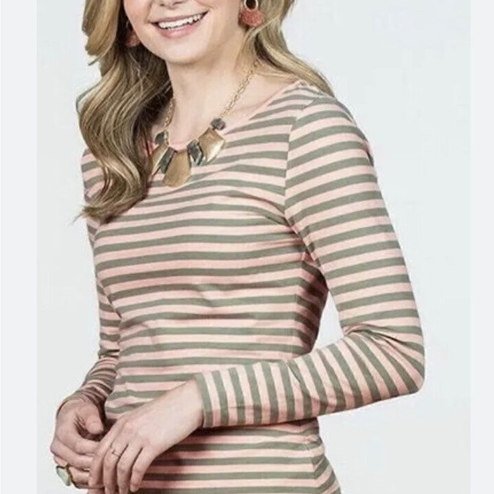 Matilda Jane Off the grid pink and green striped long sleeve tee EUC medium